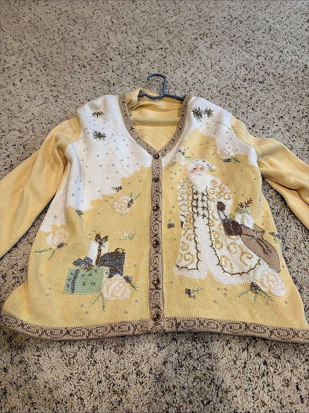 Storybook Knits Embellished Floral Cardigan in Yellow & White Size Large